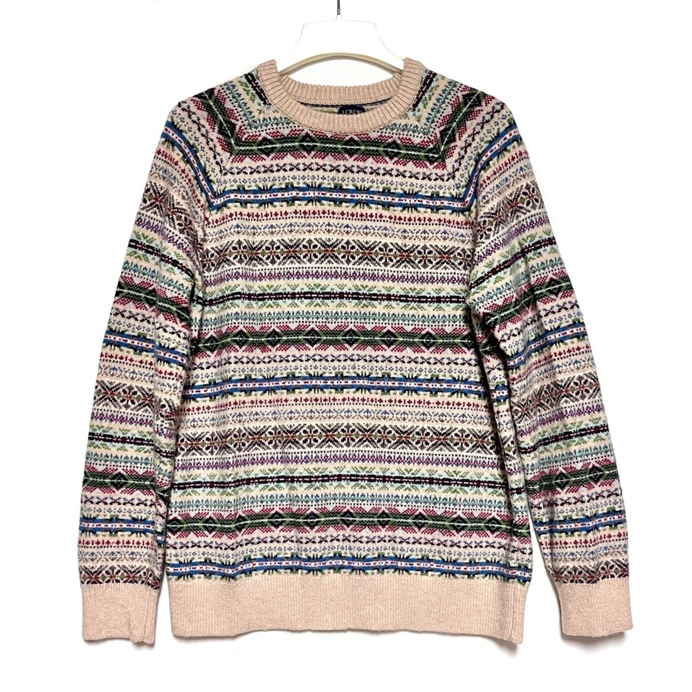 JCrew Fair Isle Sweater Mens SZ Large Lambswool Blend Crewneck Neutral Holidays